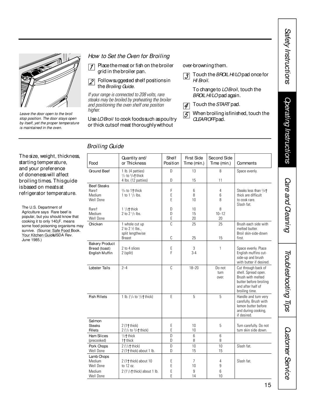 GE 164D3333P200-3, 49-8973-2 01-00 JR manual How to Set the Oven for Broiling, Broiling Guide, HI Broil 