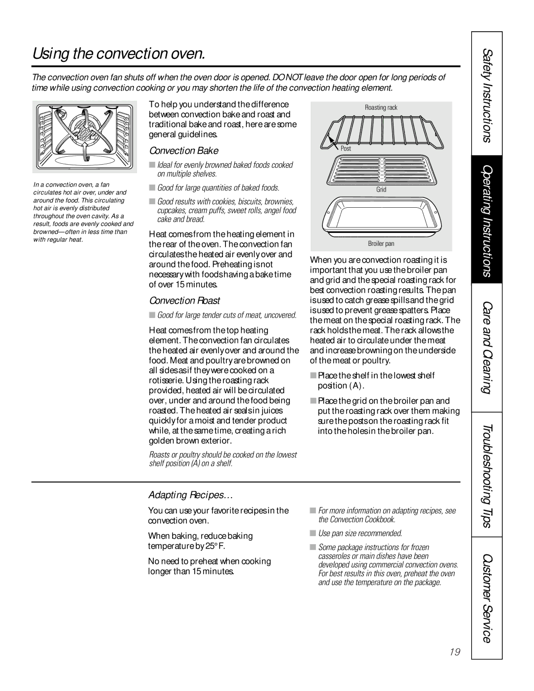 GE 164D3333P200-3, 49-8973-2 01-00 JR manual Using the convection oven, Convection Bake, Convection Roast, Adapting Recipes… 