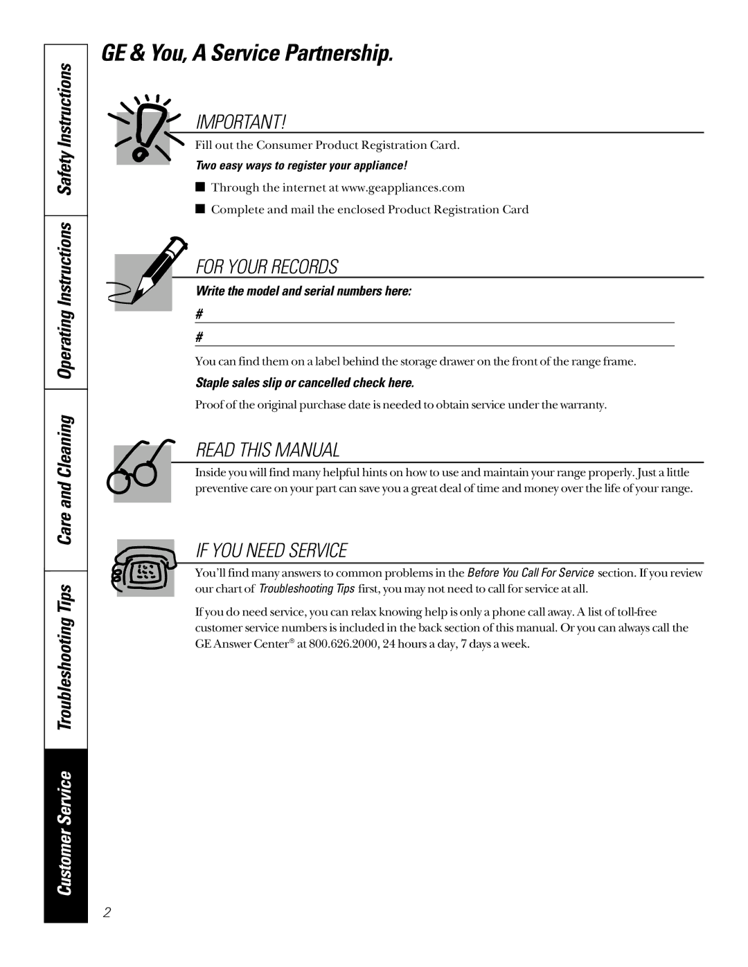 GE 49-8973-2 01-00 JR, 164D3333P200-3 manual GE & You, a Service Partnership, Write the model and serial numbers here 