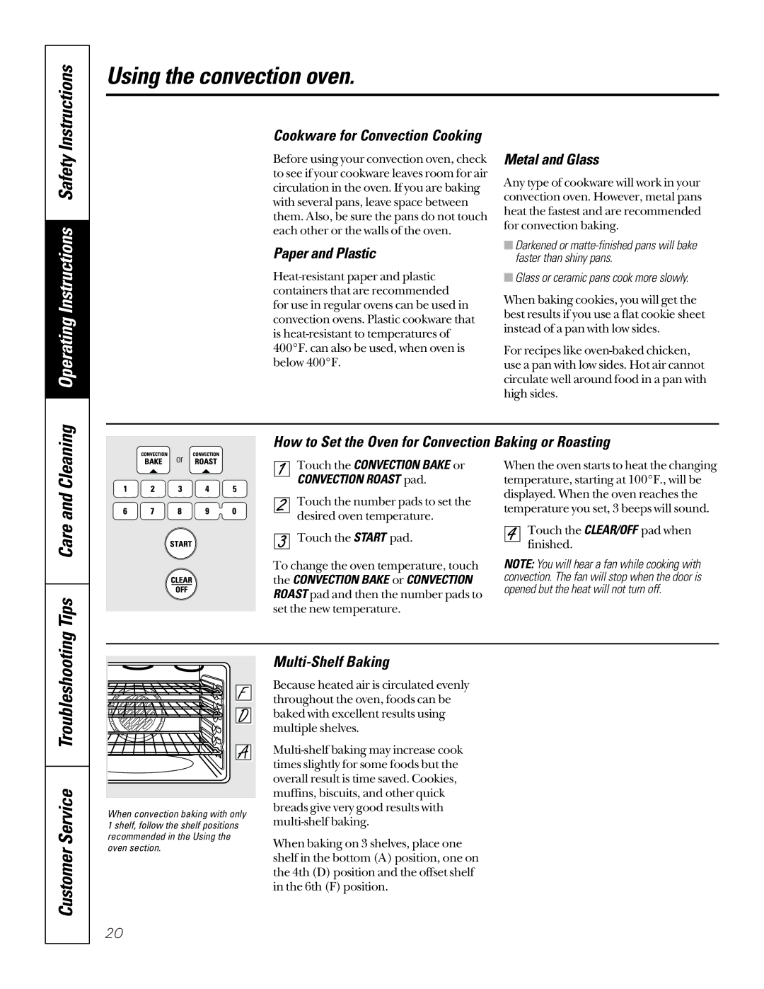 GE 49-8973-2 01-00 JR manual Paper and Plastic, Metal and Glass, How to Set the Oven for Convection Baking or Roasting 