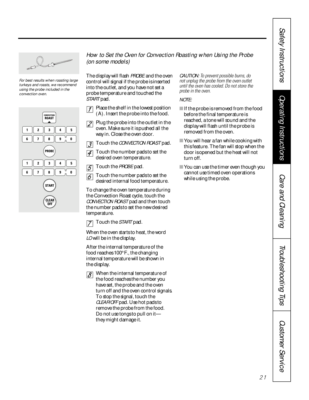 GE 164D3333P200-3, 49-8973-2 01-00 JR manual Troubleshooting Tips Customer Service, Touch the Convection Roast pad 