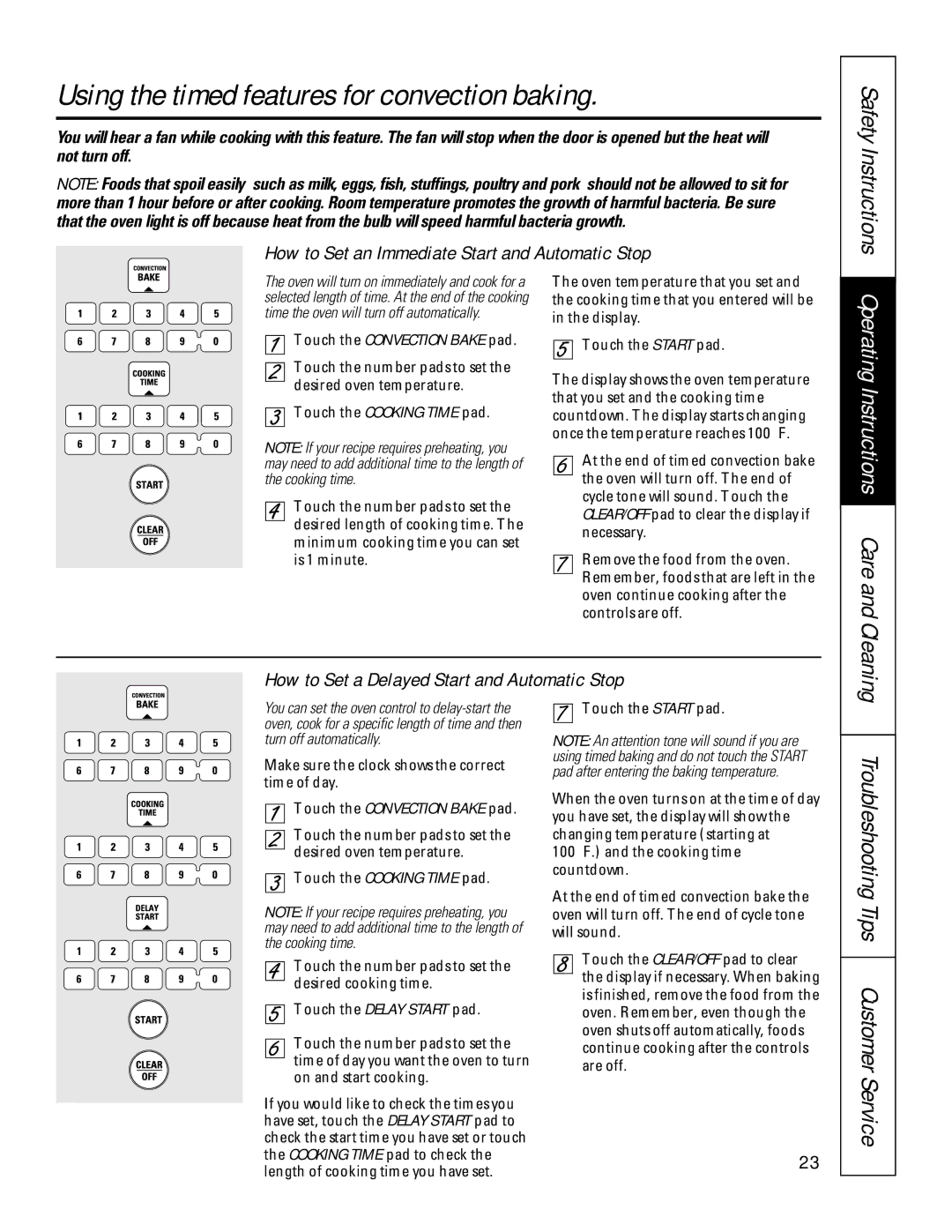 GE 164D3333P200-3 manual Using the timed features for convection baking, Operating Instructions Care and Cleaning 