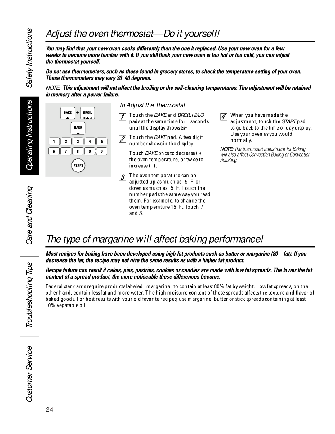 GE 49-8973-2 01-00 JR manual Adjust the oven thermostat-Do it yourself, Type of margarine will affect baking performance 