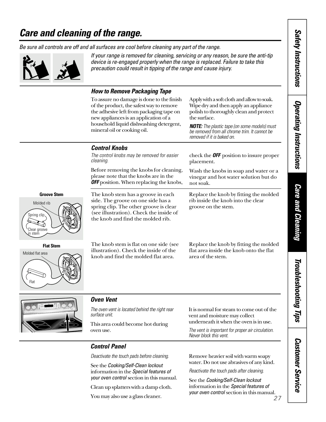 GE 164D3333P200-3, 49-8973-2 01-00 JR manual Care and cleaning of the range, Operating, Instructions Care and Cleaning 