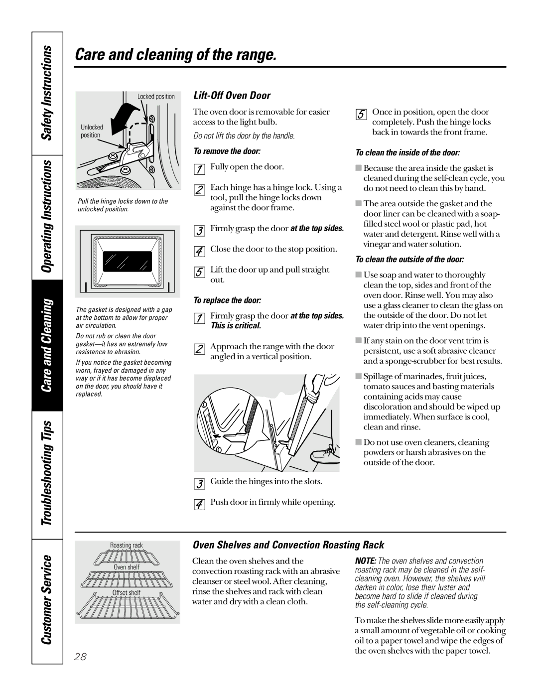 GE 49-8973-2 01-00 JR, 164D3333P200-3 manual Lift-Off Oven Door, Oven Shelves and Convection Roasting Rack 