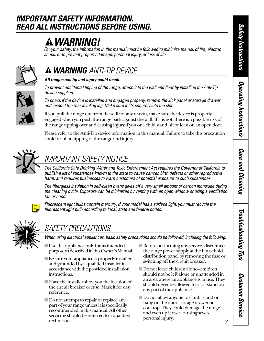 GE 164D3333P200-3, 49-8973-2 01-00 JR manual Tips Customer Service, All ranges can tip and injury could result 