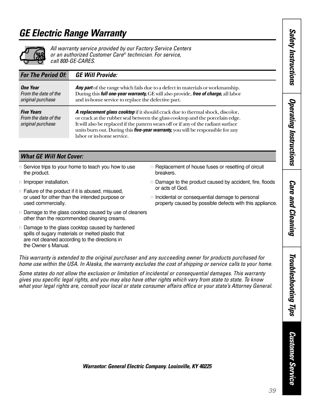 GE 164D3333P200-3, 49-8973-2 01-00 JR manual GE Electric Range Warranty, GE Will Provide, What GE Will Not Cover 