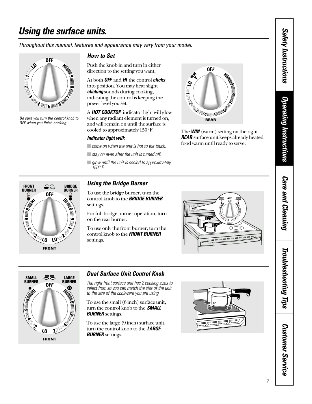 GE 164D3333P200-3 manual Using the surface units, Safety, Care and Cleaning Troubleshooting Tips Customer Service 