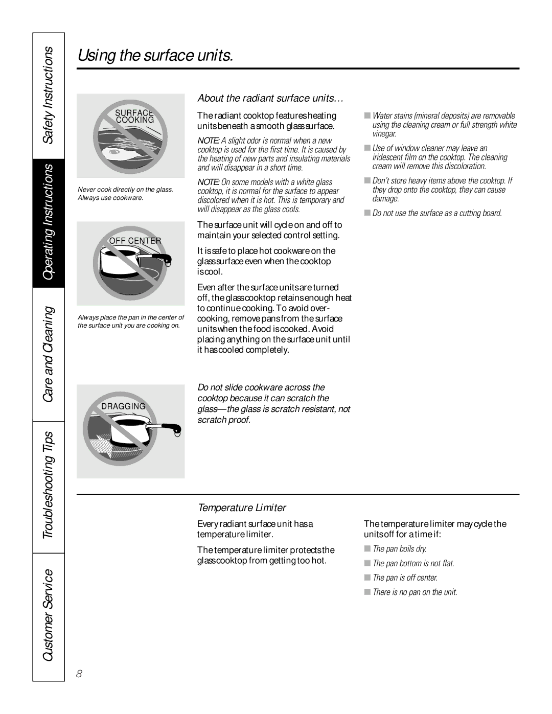 GE 49-8973-2 01-00 JR manual Instructions, Temperature Limiter, About the radiant surface units…, Troubleshooting Tips Care 