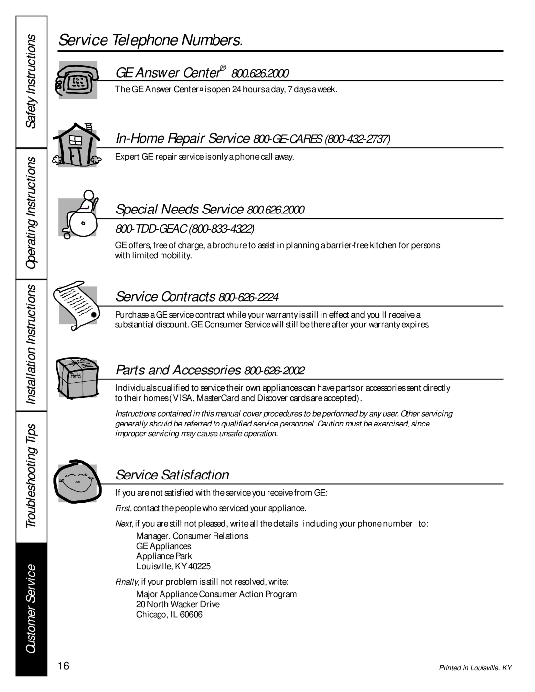 GE 49-9981, 175D1807P252 owner manual Service Telephone Numbers, GE Answer Center 