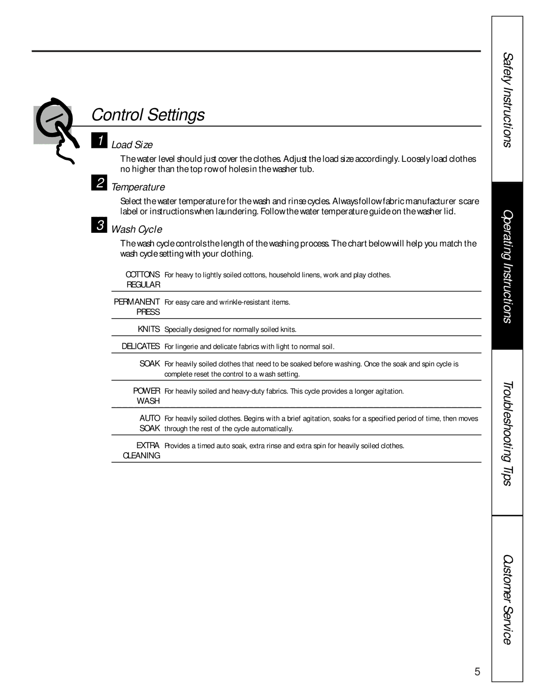 GE 175D1807P252, 49-9981 owner manual Control Settings 