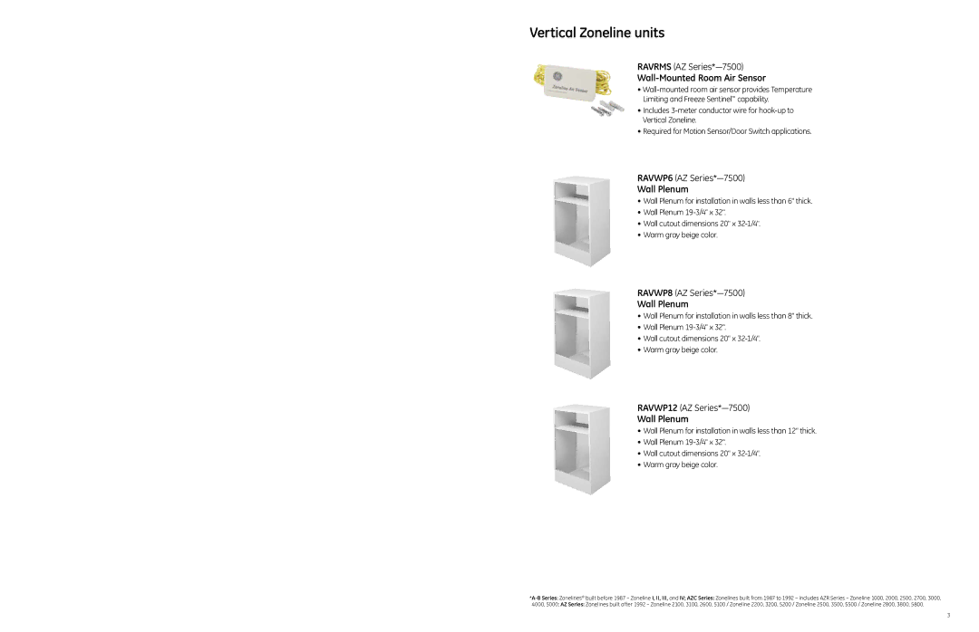 GE 49218 specifications Vertical Zoneline units, Wall-Mounted Room Air Sensor, Wall Plenum 