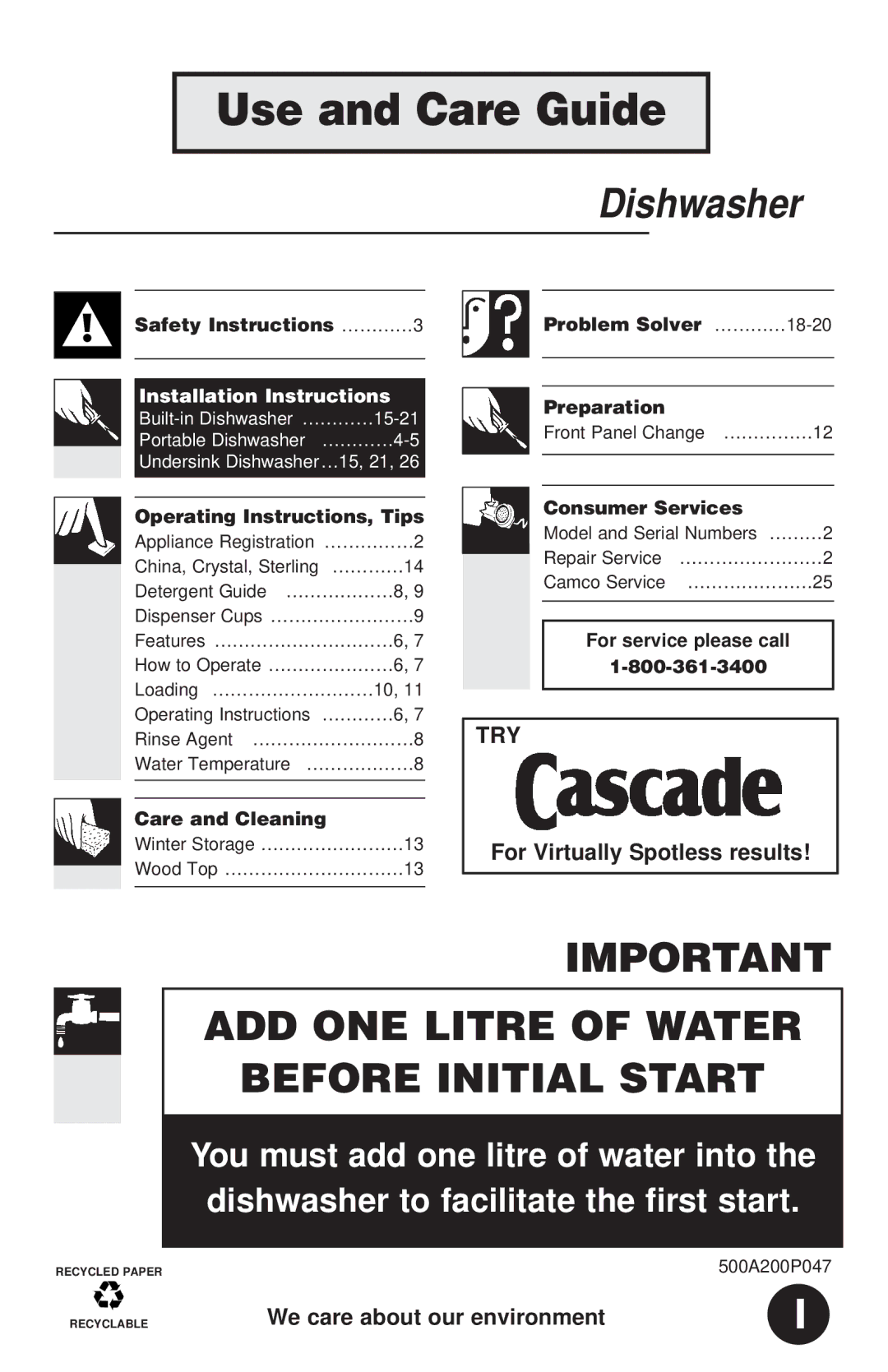 GE 500A200P047 installation instructions Use and Care Guide 