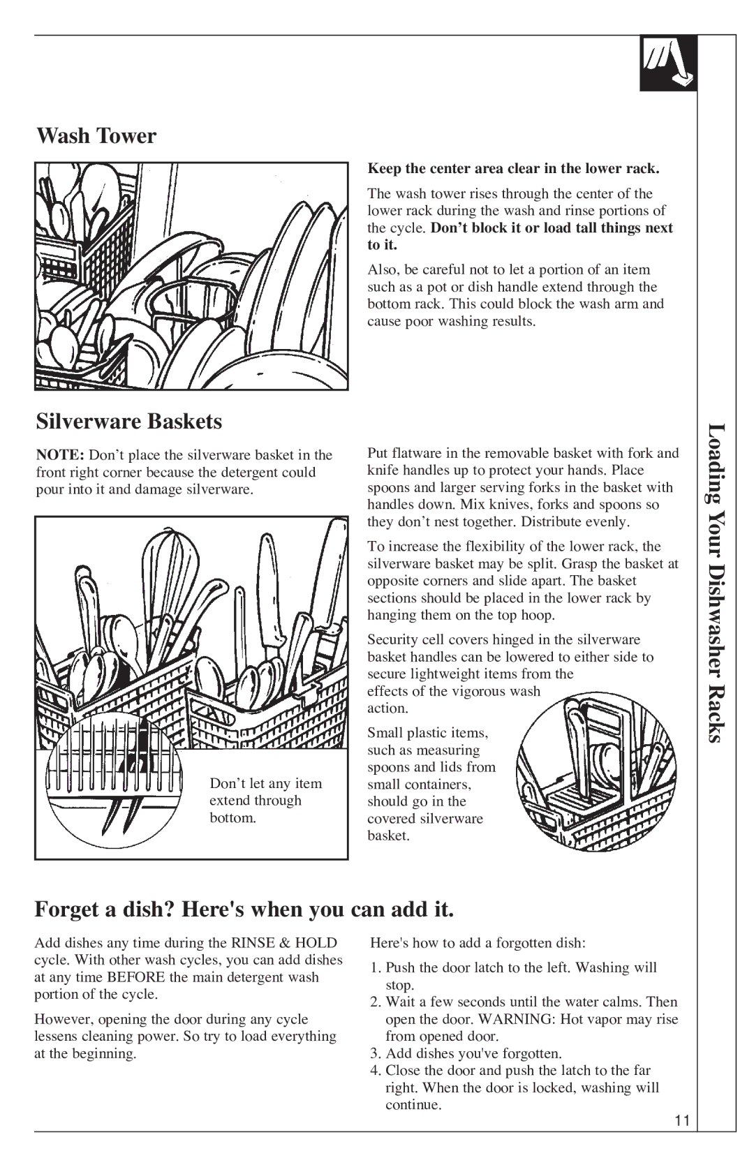 GE 500A200P047 installation instructions Wash Tower, Silverware Baskets, Keep the center area clear in the lower rack 