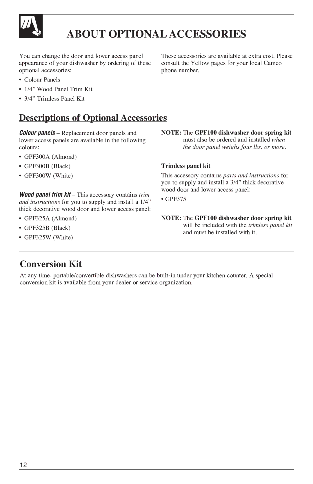 GE 500A200P047 About Optional Accessories, Descriptions of Optional Accessories, Conversion Kit, Trimless panel kit 