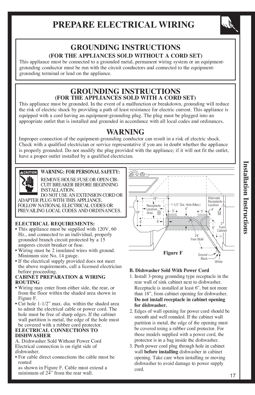 GE 500A200P047 installation instructions Prepare Electrical Wiring, Installation, Dishwasher Sold With Power Cord 