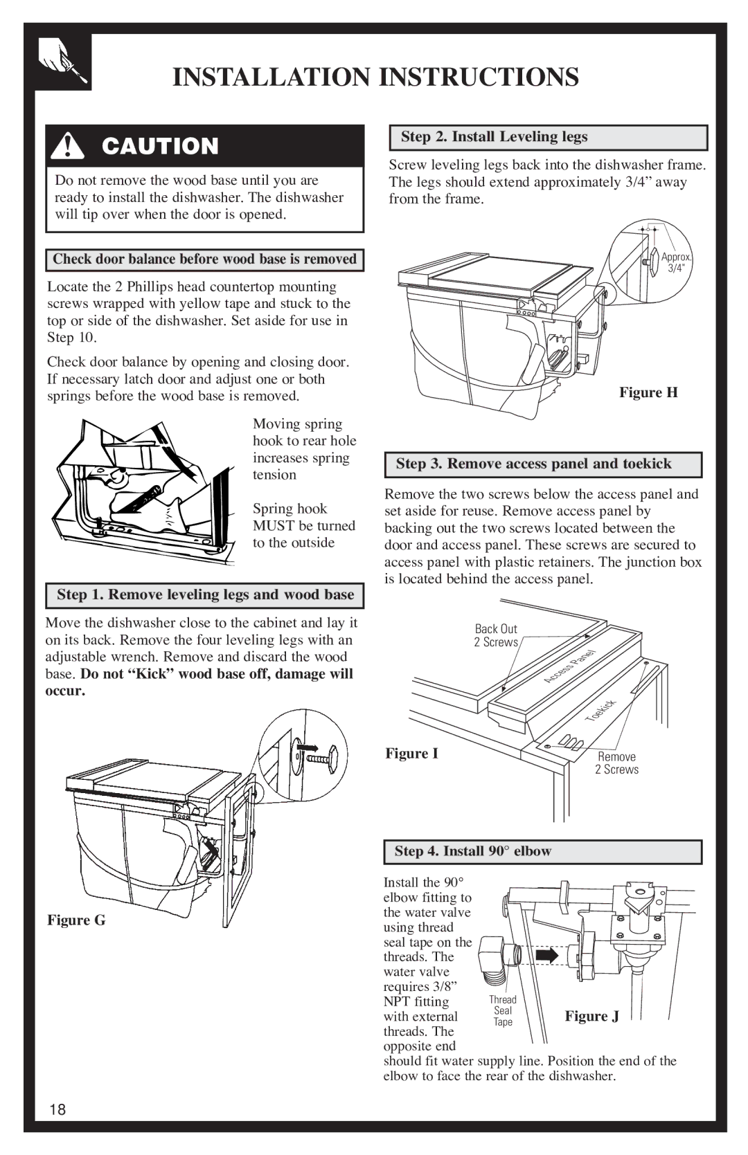 GE 500A200P047 Remove leveling legs and wood base Install Leveling legs, Figure H Remove access panel and toekick 