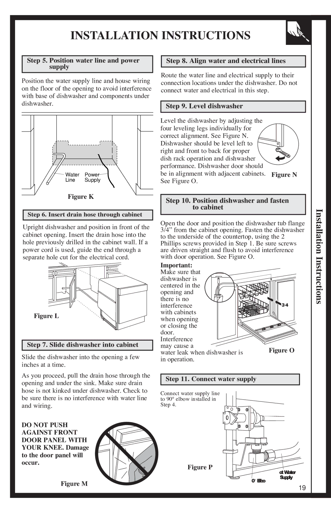 GE 500A200P047 Position water line and power supply, Align water and electrical lines, Level dishwasher 