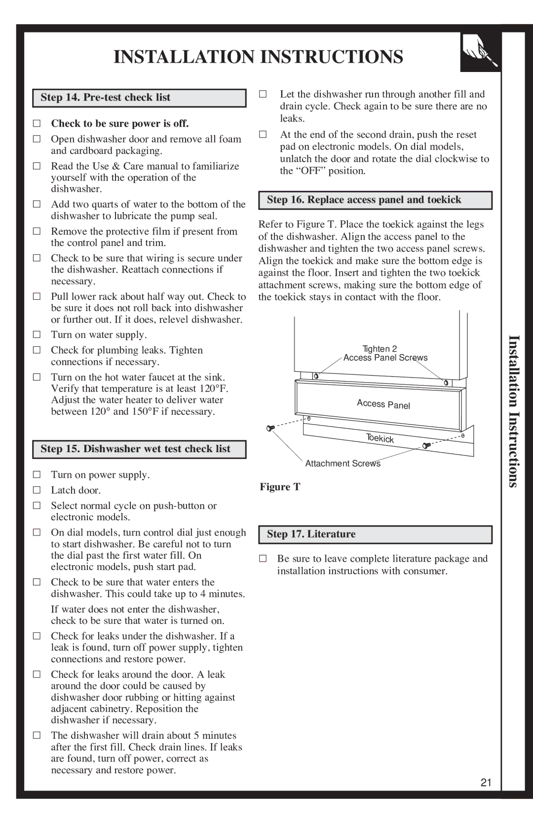 GE 500A200P047 Pre-test check list „ Check to be sure power is off, „ Turn on water supply, Dishwasher wet test check list 