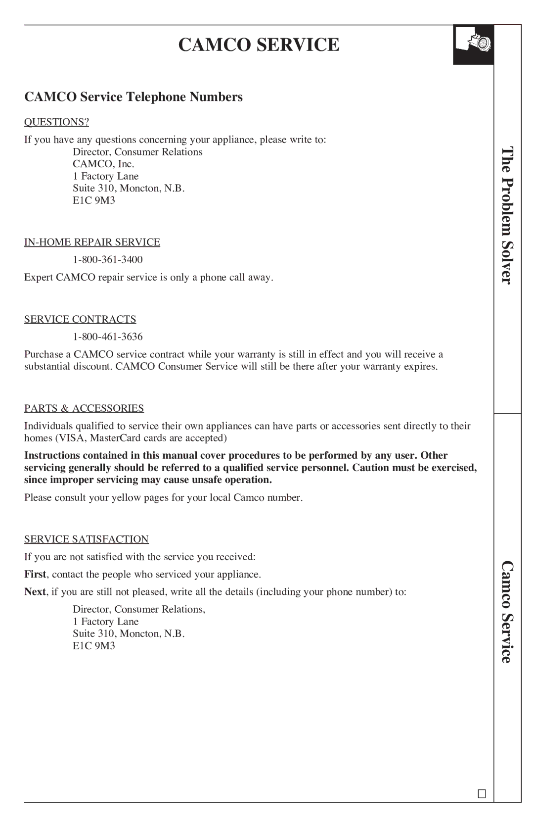 GE 500A200P047 installation instructions Problem Solver Camco Service 