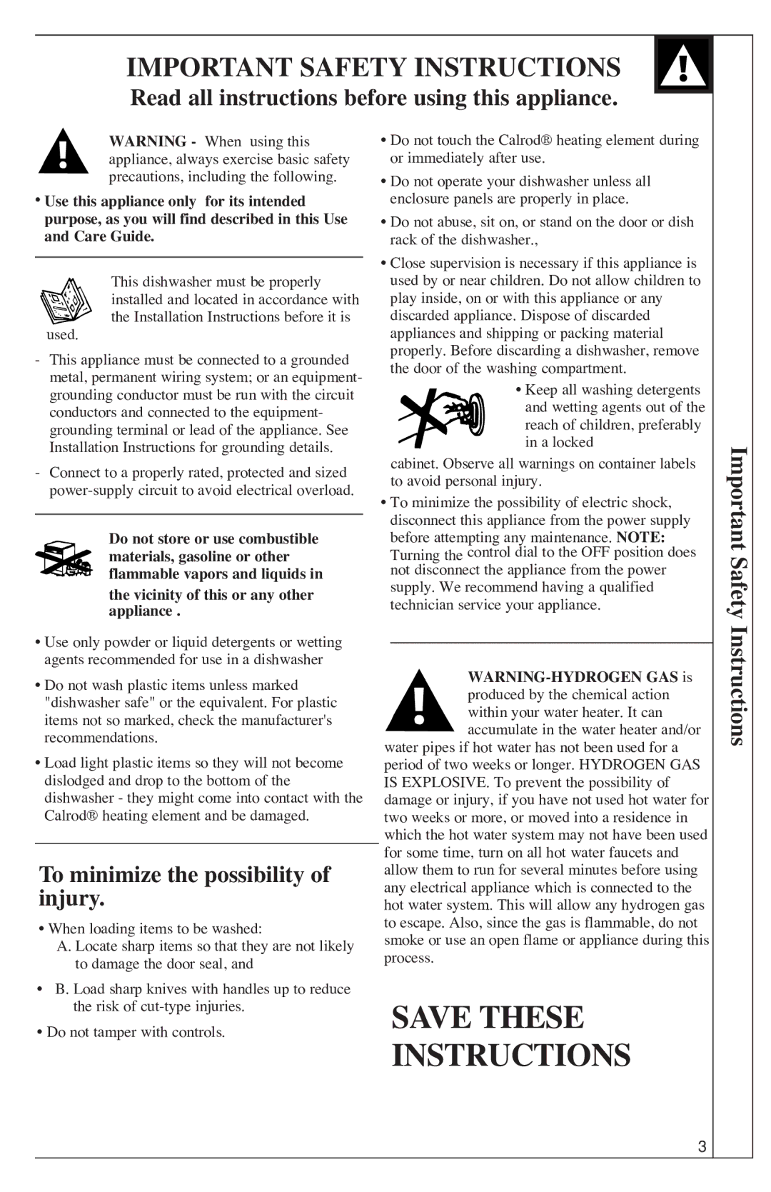 GE 500A200P047 installation instructions Important Safety Instructions, Read all instructions before using this appliance 