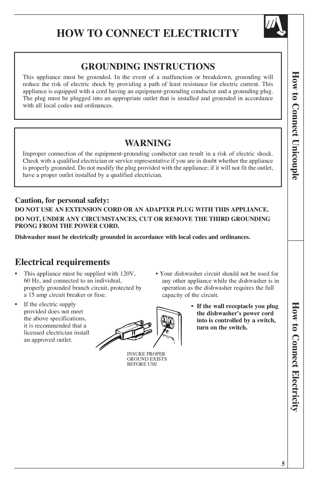 GE 500A200P047 installation instructions HOW to Connect Electricity, Electrical requirements How to Connect Unicouple 