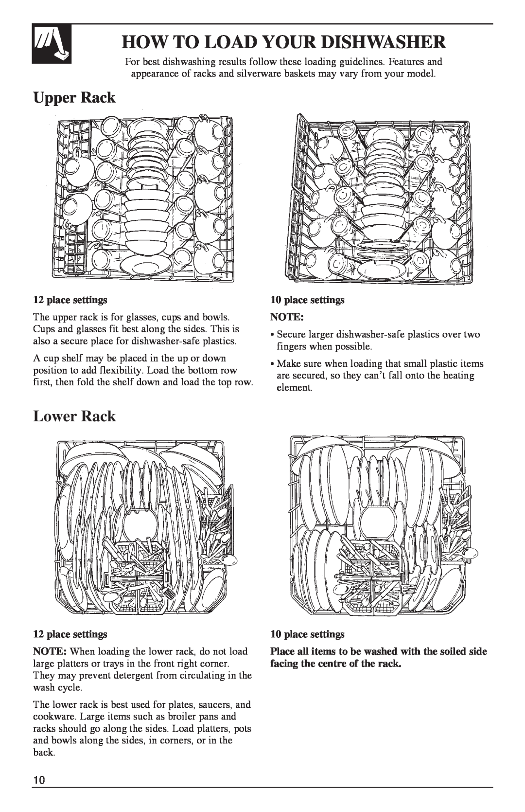 GE 500A200P047 installation instructions How To Load Your Dishwasher, Upper Rack, Lower Rack, place settings 