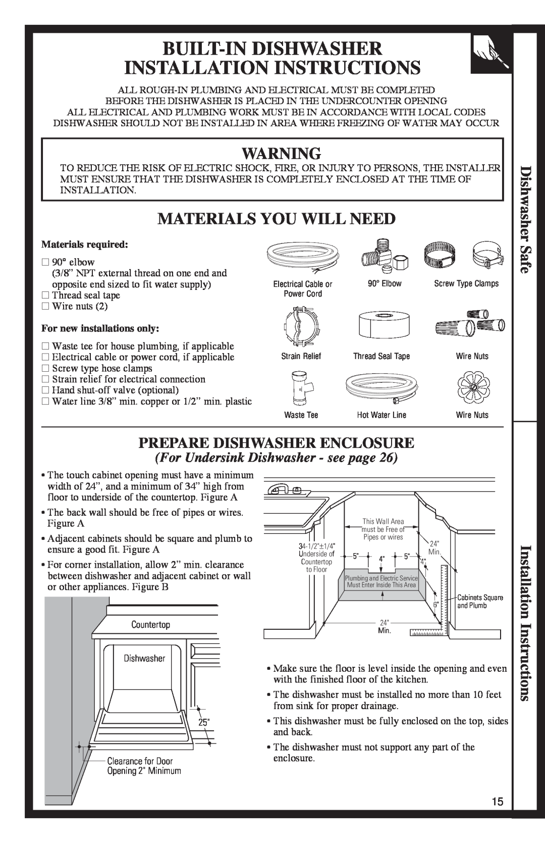 GE 500A200P047 Built-In Dishwasher Installation Instructions, Materials You Will Need, Safe, Prepare Dishwasher Enclosure 