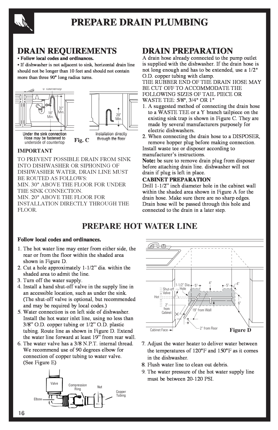 GE 500A200P047 Prepare Drain Plumbing, Drain Requirements, Drain Preparation, Prepare Hot Water Line, Fig. C 