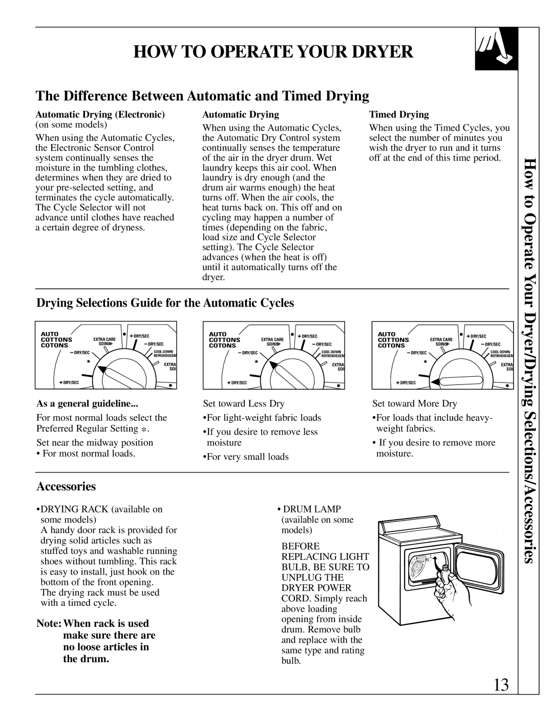 GE 500A280P012 HOW to Operate Your Dryer, Drying Selections Guide for the Automatic Cycles, Accessories 