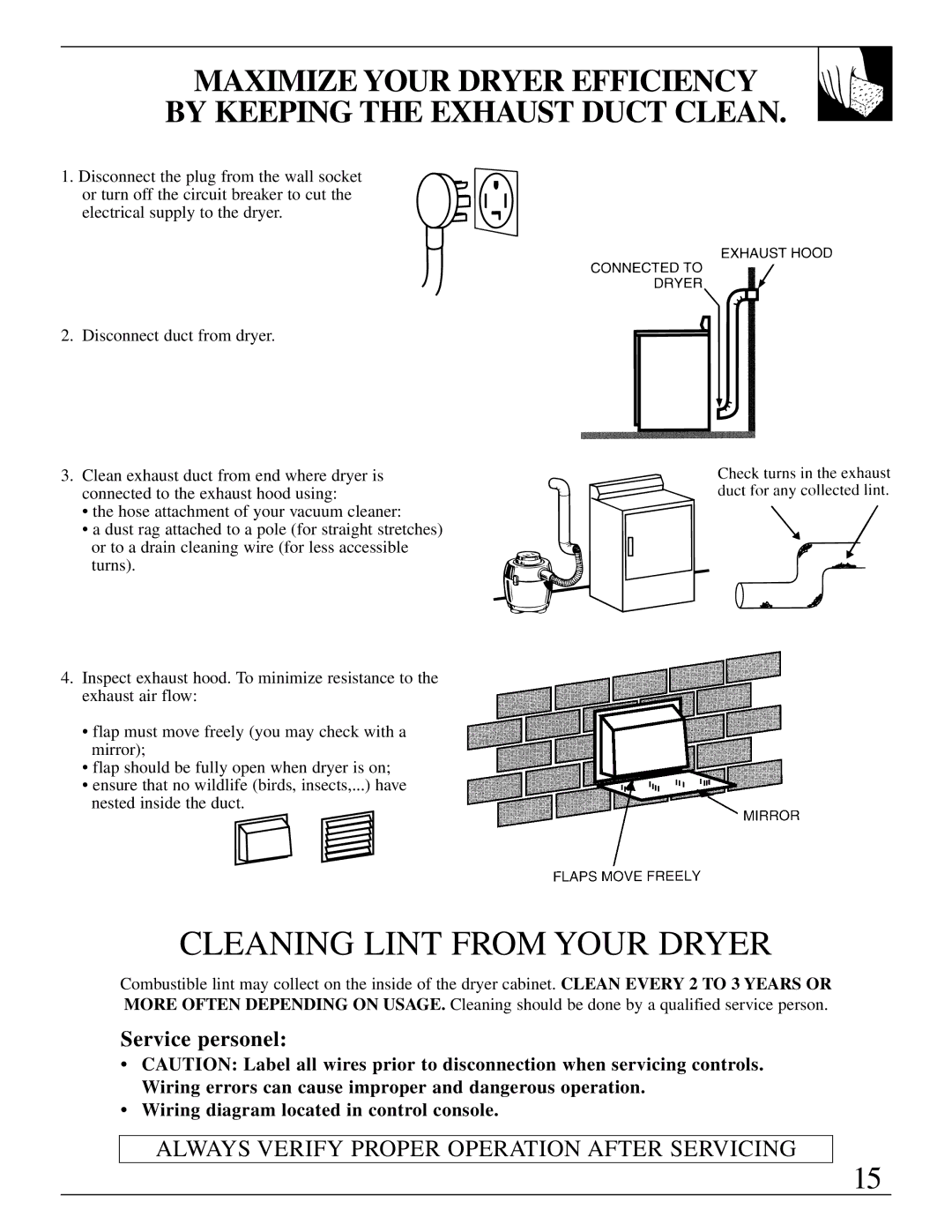 GE 500A280P012 operating instructions Cleaning Lint from Your Dryer, Service personel 