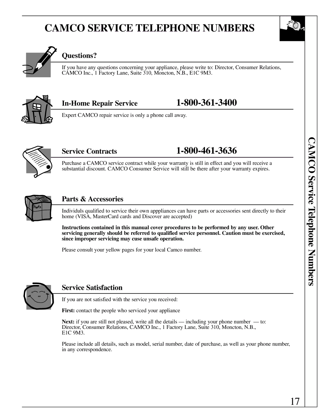 GE 500A280P012 operating instructions Camco Service Telephone Numbers 