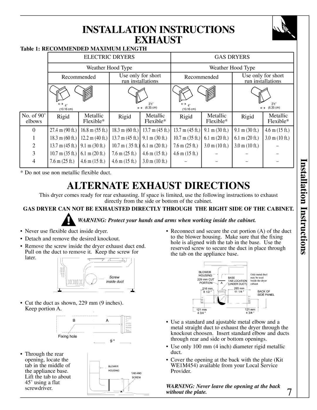 GE 500A280P012 operating instructions Alternate Exhaust Directions, Recommended Maximum Length, Electric Dryers 