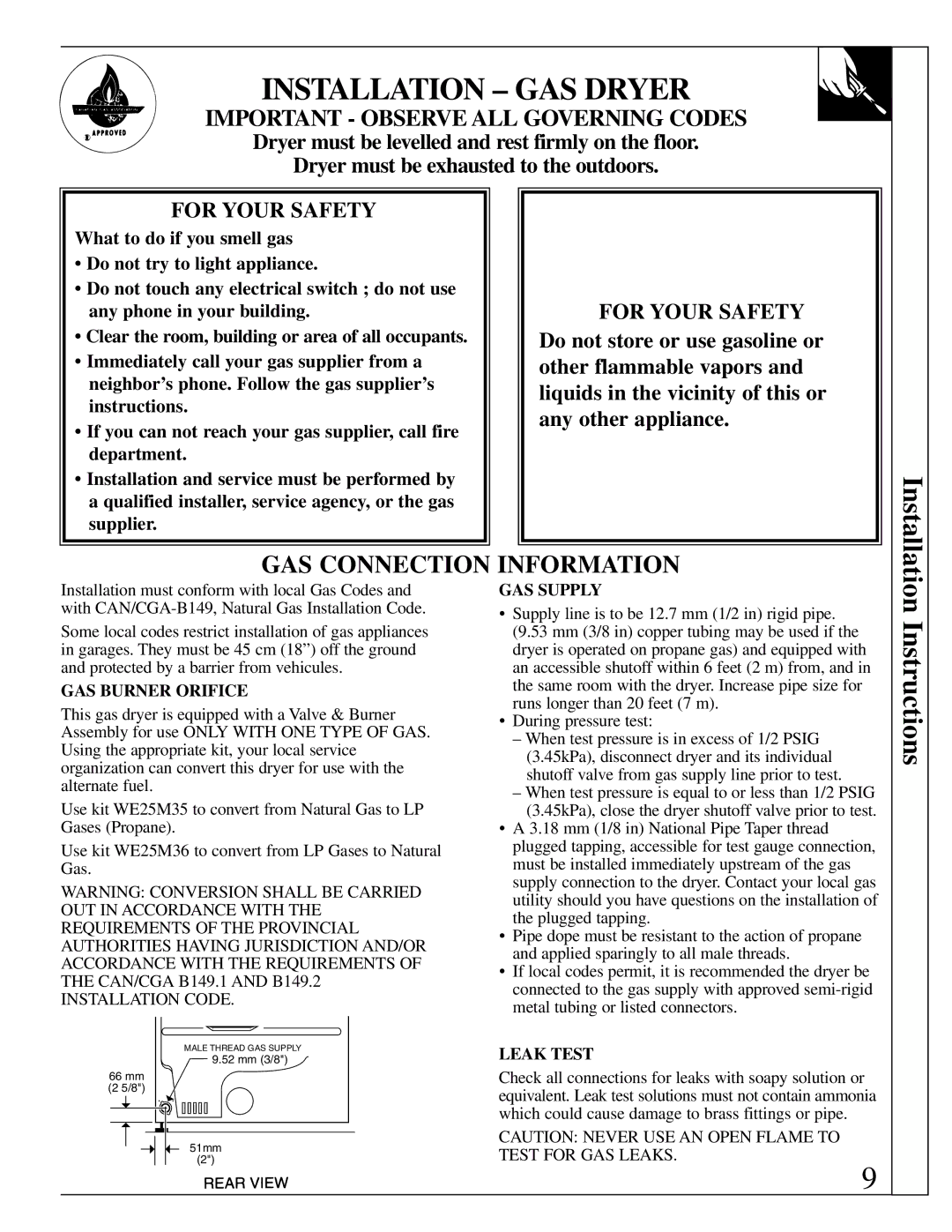 GE 500A280P012 operating instructions Installation GAS Dryer, GAS Burner Orifice, GAS Supply, Leak Test 