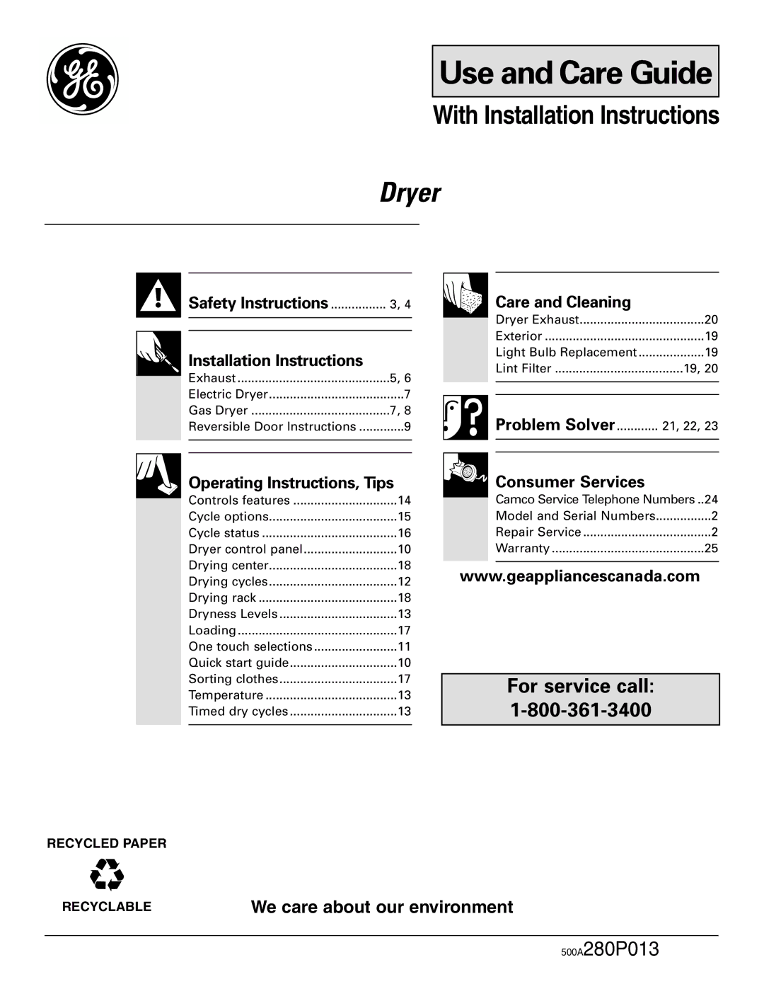 GE 500A280P013 operating instructions Use and Care Guide 