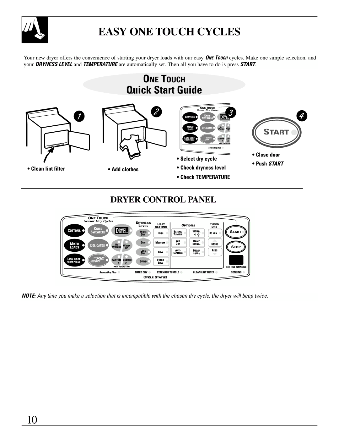 GE 500A280P013 operating instructions Easy ONE Touch Cycles, Quick Start Guide 