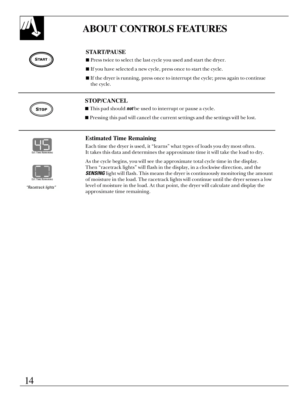 GE 500A280P013 operating instructions About Controls Features, Start/Pause, Stop/Cancel 