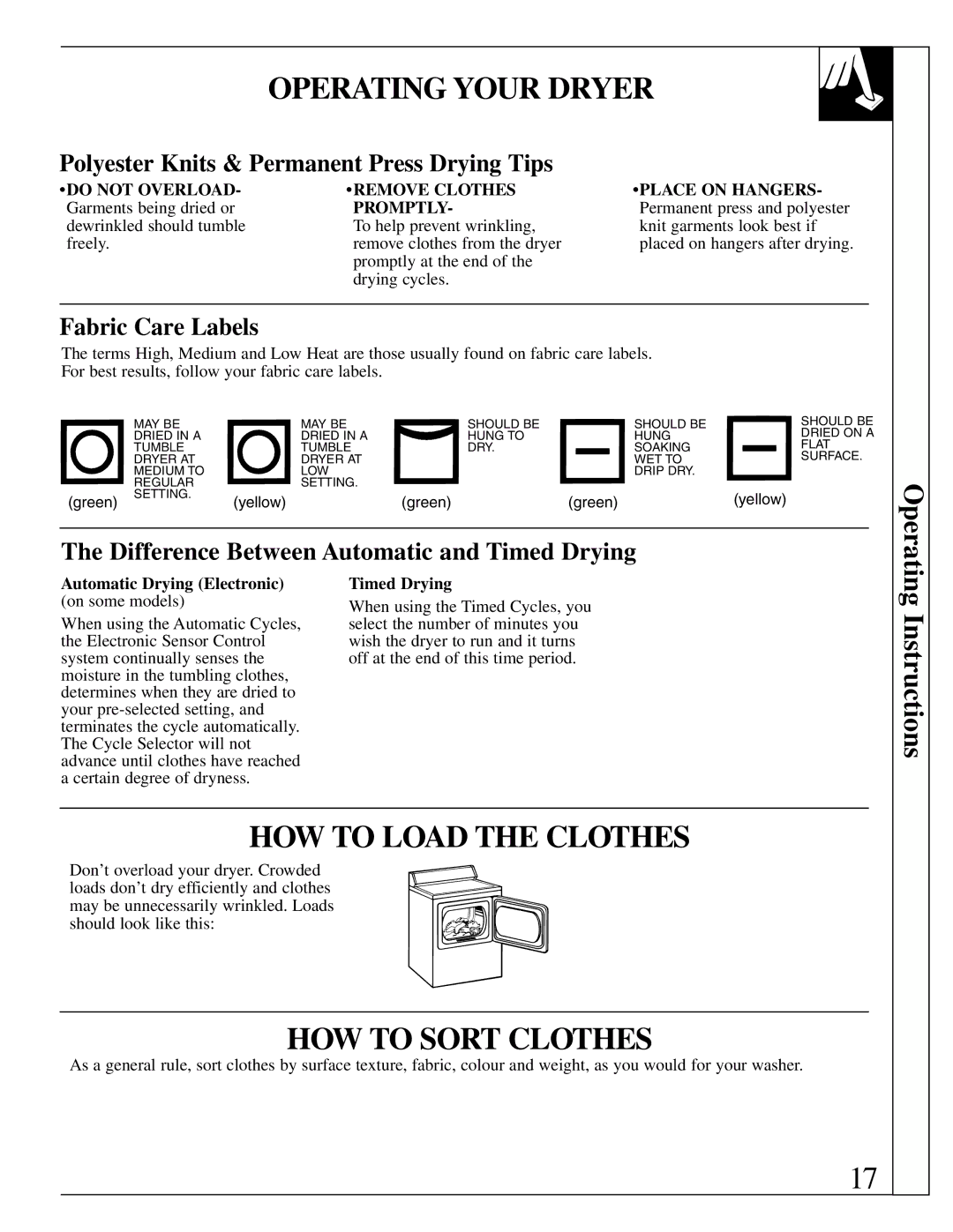 GE 500A280P013 operating instructions Operating Your Dryer, HOW to Load the Clothes, HOW to Sort Clothes, Promptly 