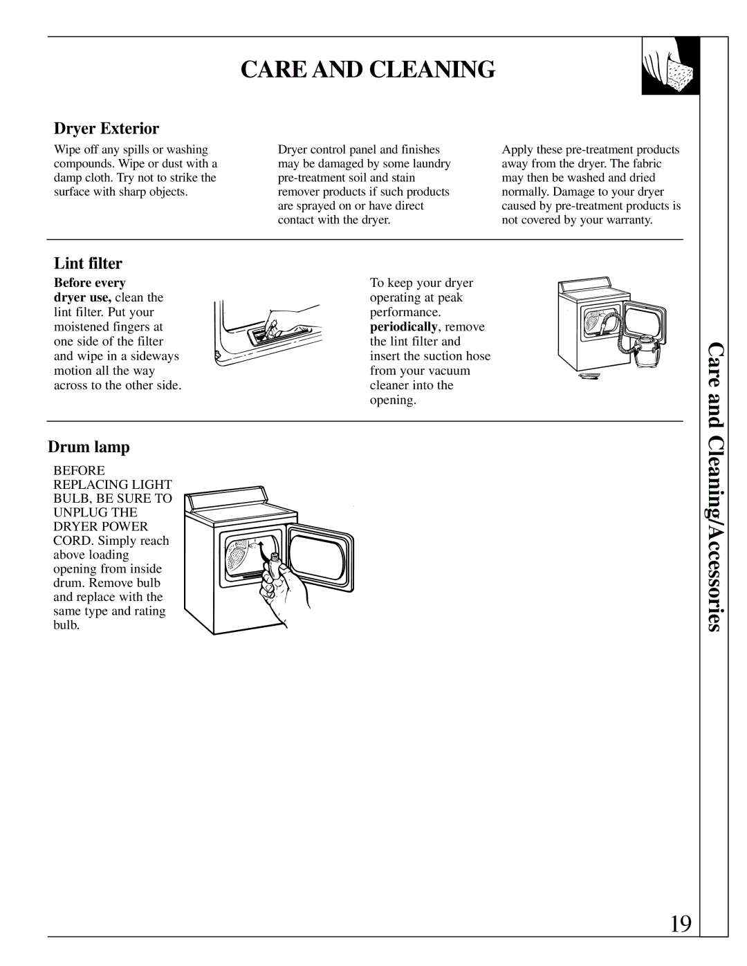 GE 500A280P013 operating instructions Care and Cleaning, Dryer Exterior, Lint filter, Drum lamp 