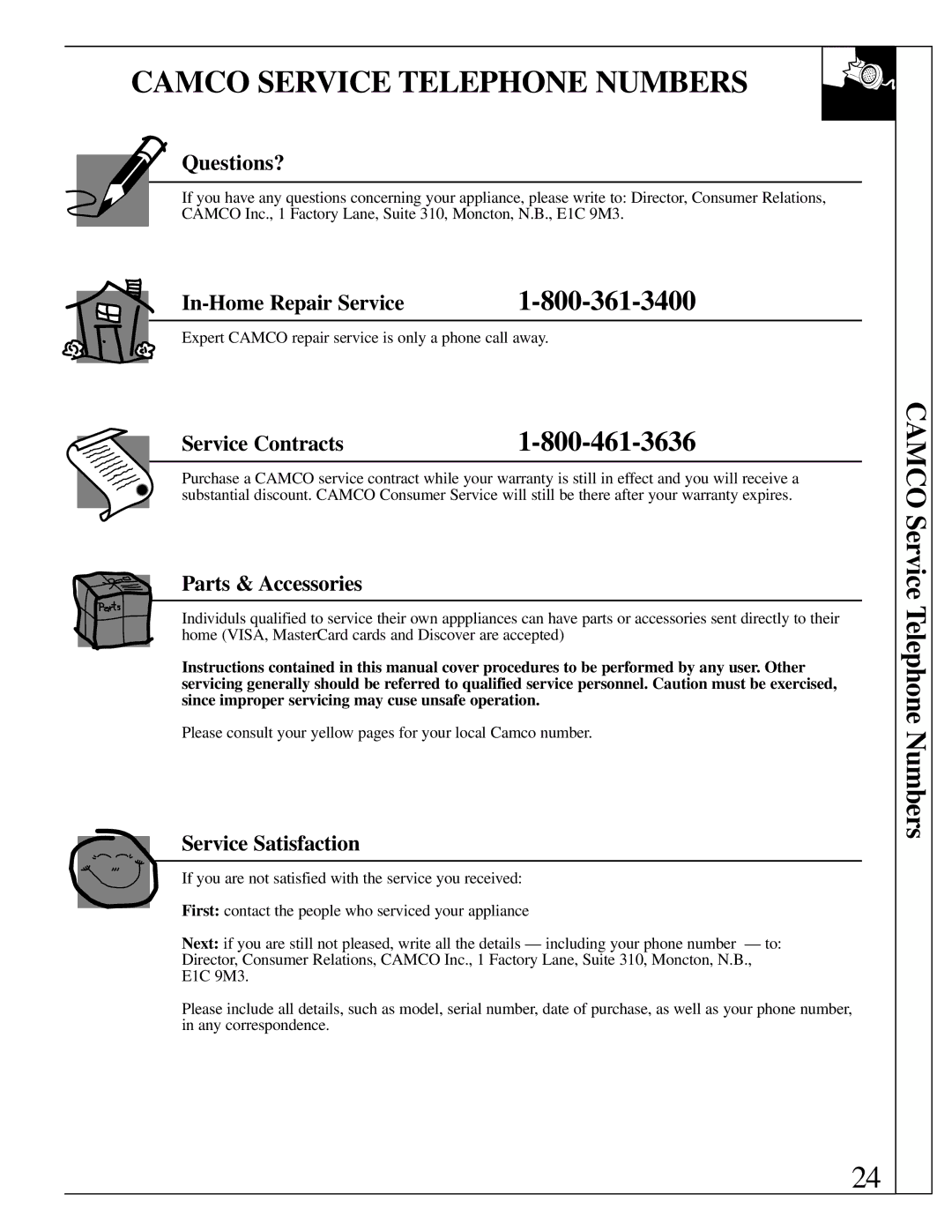 GE 500A280P013 operating instructions Camco Service Telephone Numbers 