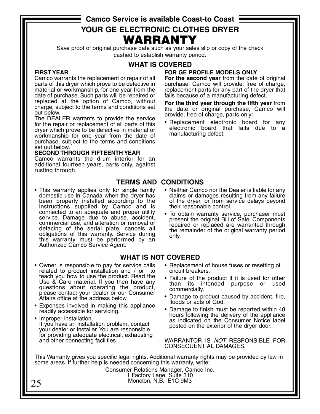 GE 500A280P013 operating instructions Warranty 