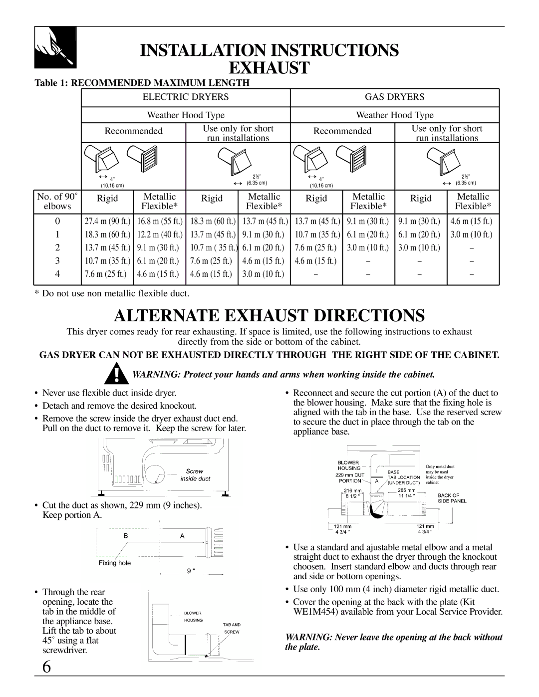 GE 500A280P013 operating instructions Alternate Exhaust Directions, Recommended Maximum Length 