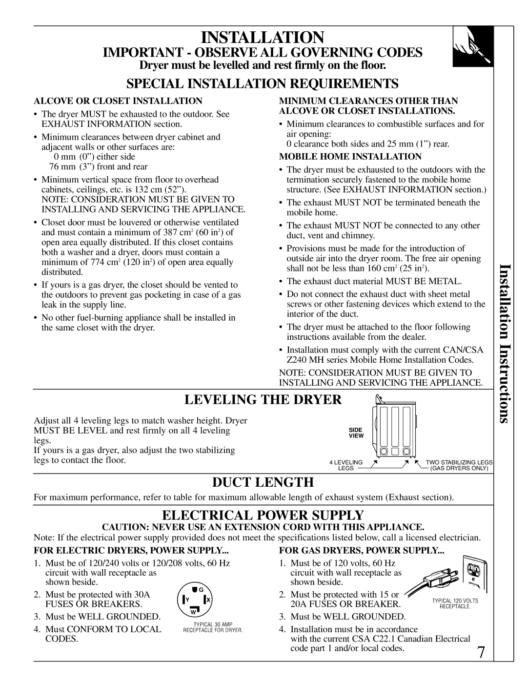 GE 500A280P013 Dryer must be levelled and rest firmly on the floor, Alcove or Closet Installation 