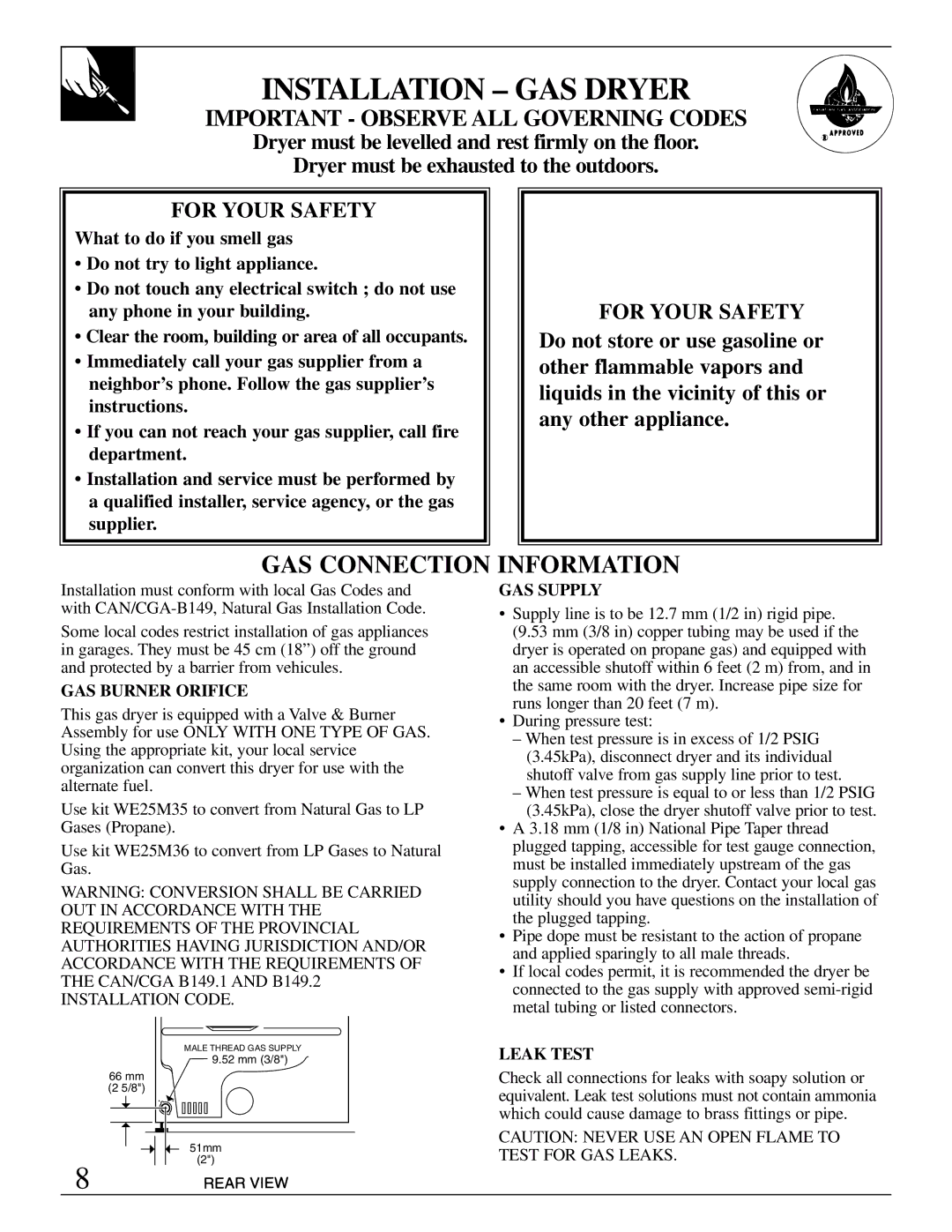 GE 500A280P013 operating instructions Installation GAS Dryer, GAS Burner Orifice, GAS Supply, Leak Test 