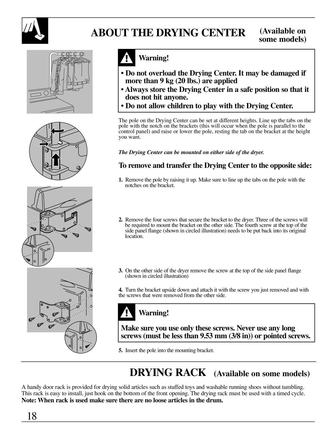 GE 500A280P013 operating instructions About The Drying Center, DRYING RACK Available on some models 