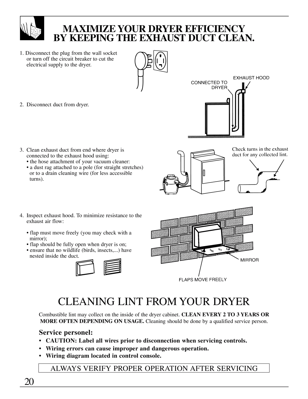 GE 500A280P013 operating instructions Maximize Your Dryer Efficiency By Keeping The Exhaust Duct Clean, Service personel 