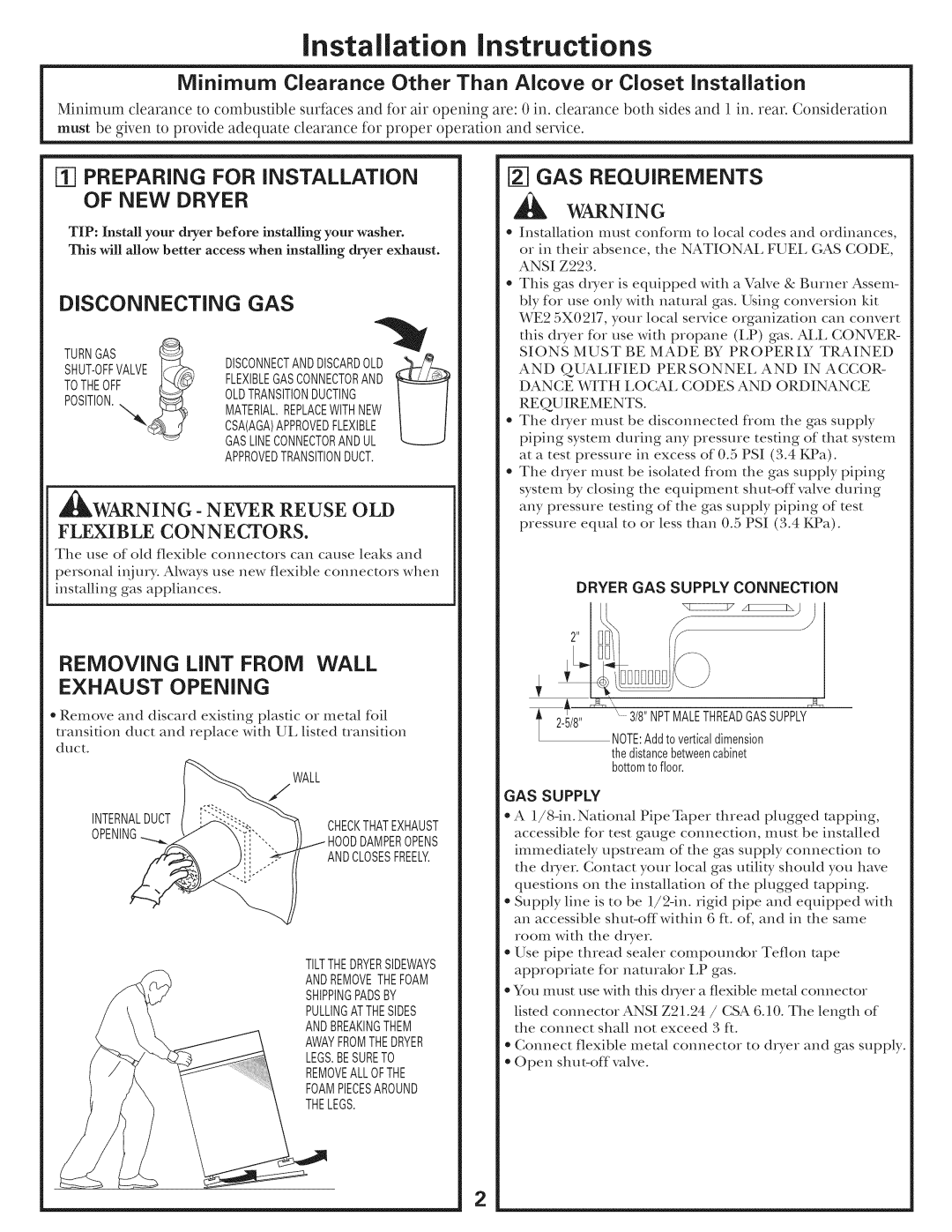GE 500A436P006 Installation instructions, Minimum Clearance Other Than Alcove or Closet Installation, NEW Dryer 