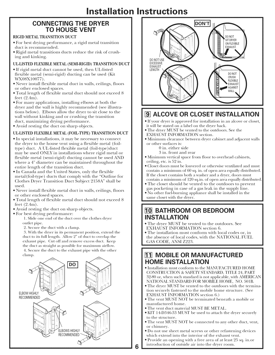 GE 500A436P006 Connecting the Dryer To House Vent, Alcove or Closet Installation, Mobile or Manufactured 