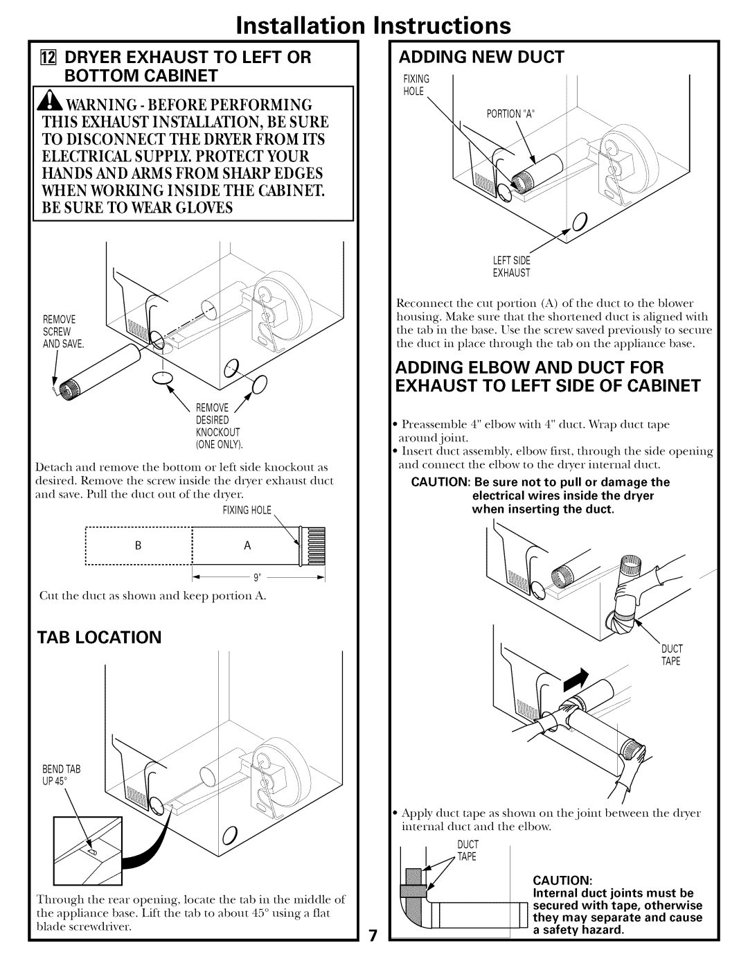 GE 500A436P006 installation instructions Dryer Exhaust to Left or Bottom Cabinet, Adding NEW Duct, TAB Location 