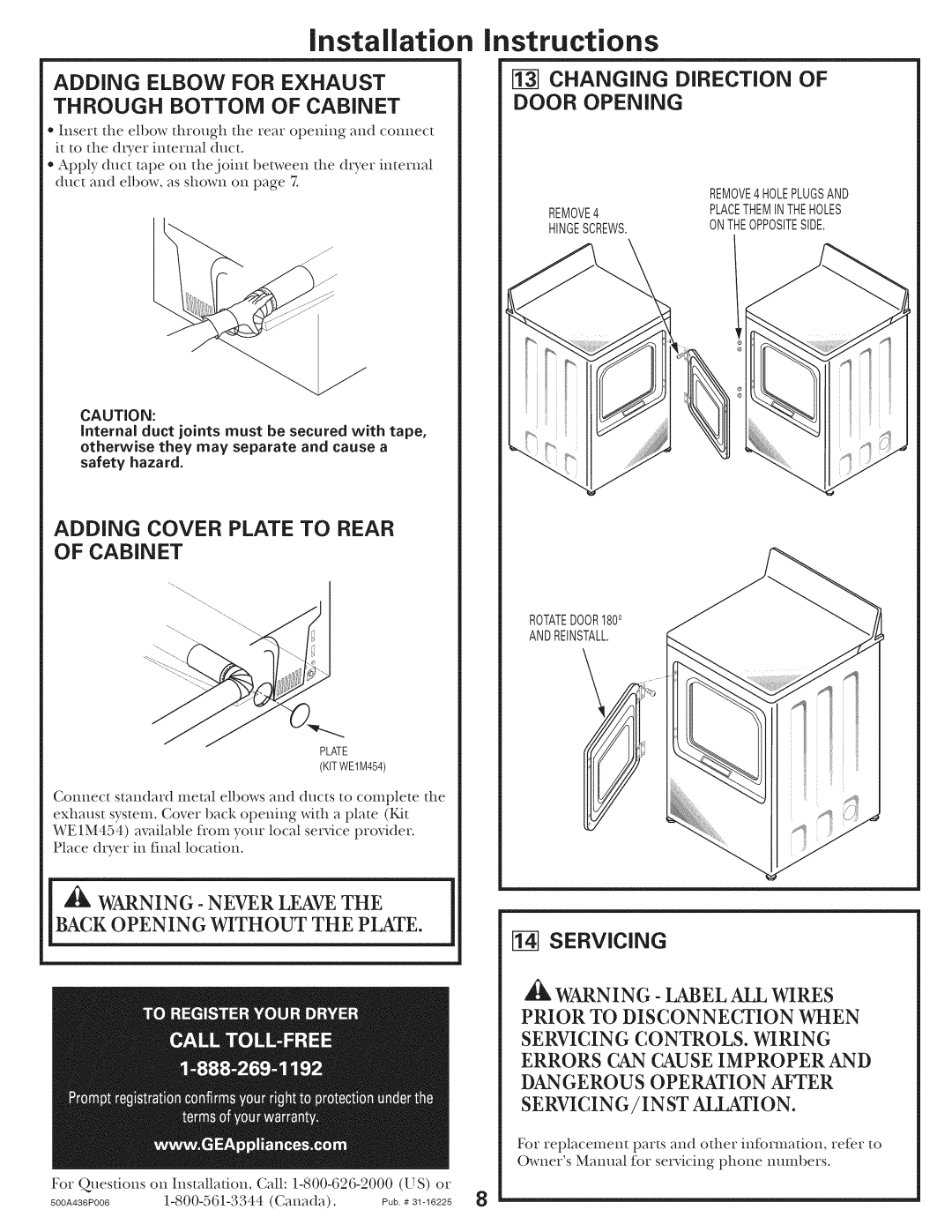 GE 500A436P006 Adding Elbow for Exhaust Through Bottom of Cabinet, Changing Direction of Door Opening, Servicing 